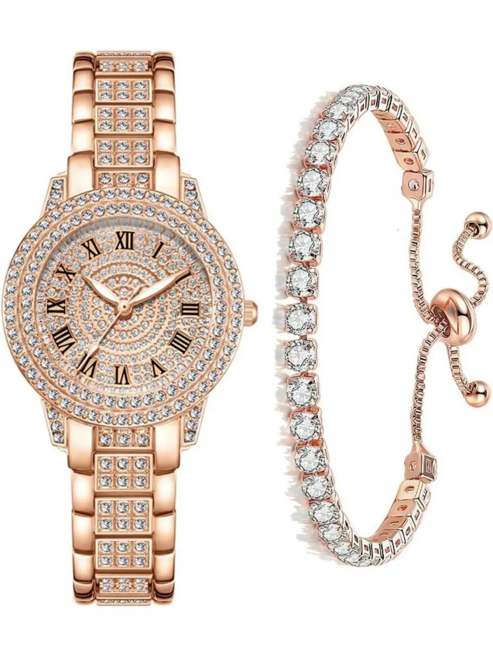 Women's Rose Gold Full Diamond Bling Rhinestone Adjustable Bracelet Watches